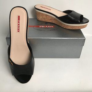 Prada patent black leather wedge sandals